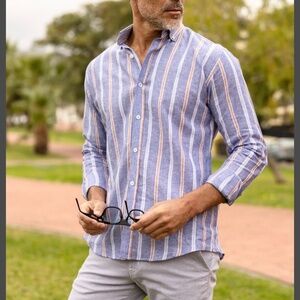 Sorrento‎ Blue/Orange Stripped 100% Linen Shirts Mens M